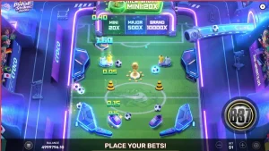 Tampilan visual neon dari permainan slot Pinball Striker 20,000x dengan elemen sepak bola dan pinball.