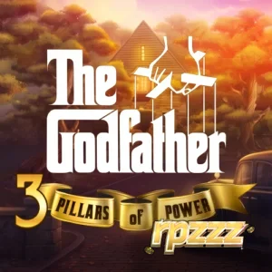 Tampilan visual slot The Godfather 3 Pillars of Power dengan elemen emas dan tema kriminal.