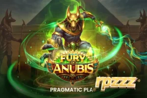 Tampilan visual slot Fury of Anubis dengan latar belakang makam Mesir yang gelap dan simbol-simbol kuno.